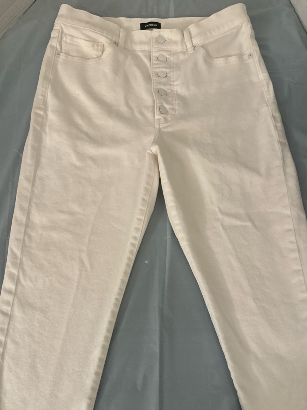 Express Women’s White High-Rise Straight Leg Jeans with Button-Fly